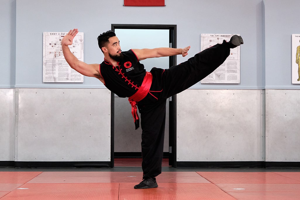 Image of a Combat Kung-Fu instructor demonstrating a side thrust kick